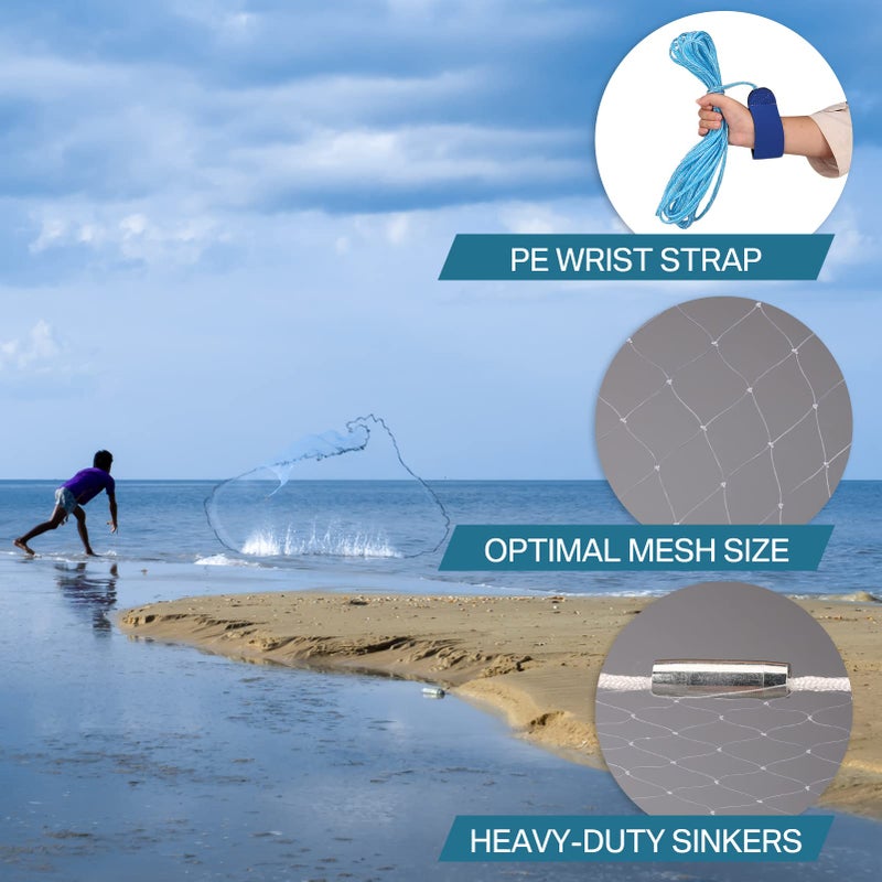 Yeahmart American Saltwater Fishing Cast Net for Bait Trap Fish 4ft Radius Casting Nets with Heavy Duty Real Zinc Sinker Weights, 3/8inch Mesh Size - Image 2